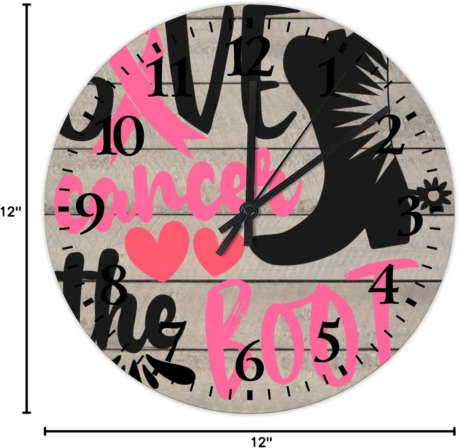 12 Inch Breast Cancer Give Cancer The Boot Wooden Wall Clocks Battery Operated Quartz Quiet Pink Warrior Room Decorative Wall Clock Arabic Numbers Round Clock for Home Office School