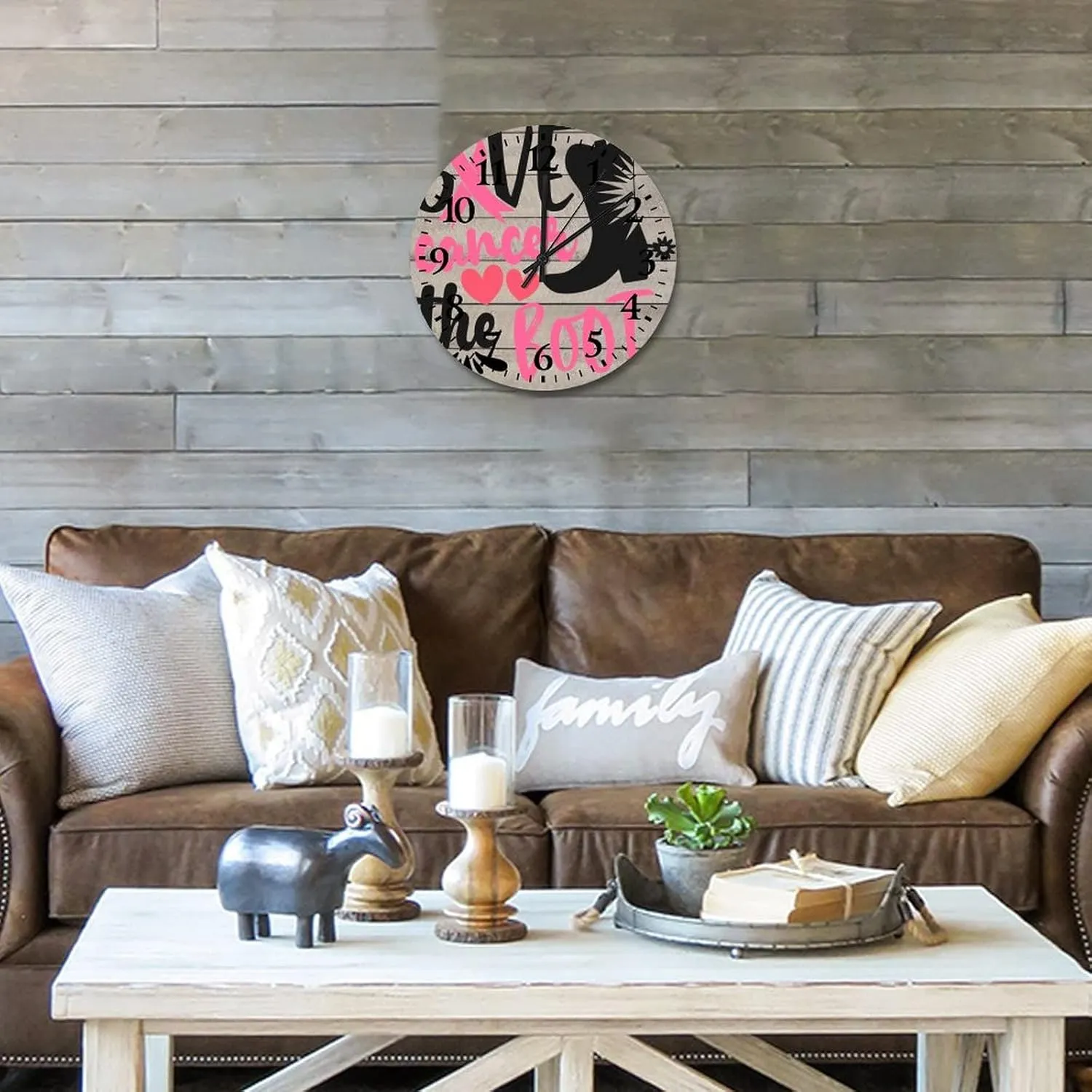 12 Inch Breast Cancer Give Cancer The Boot Wooden Wall Clocks Battery Operated Quartz Quiet Pink Warrior Room Decorative Wall Clock Arabic Numbers Round Clock for Home Office School