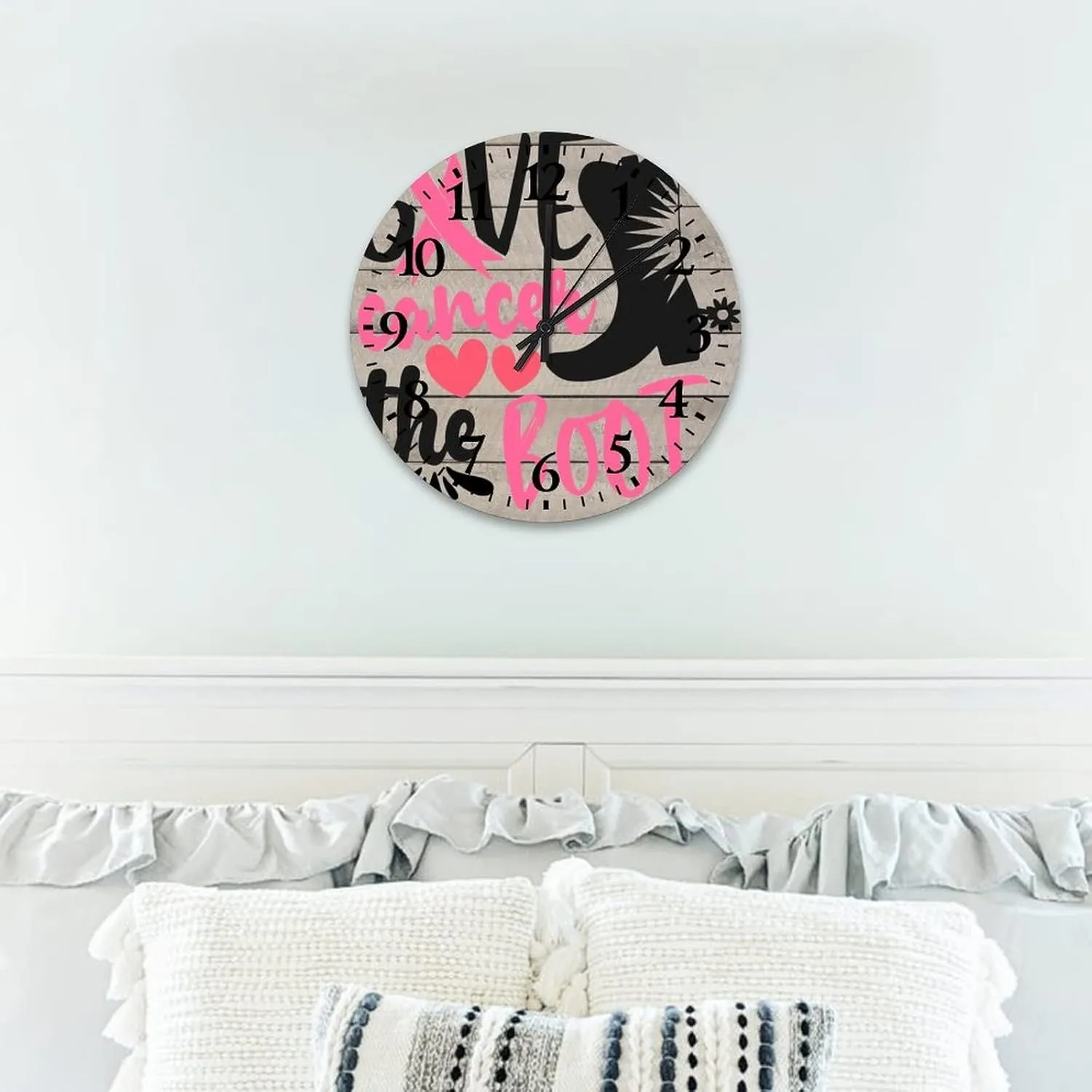 12 Inch Breast Cancer Give Cancer The Boot Wooden Wall Clocks Battery Operated Quartz Quiet Pink Warrior Room Decorative Wall Clock Arabic Numbers Round Clock for Home Office School
