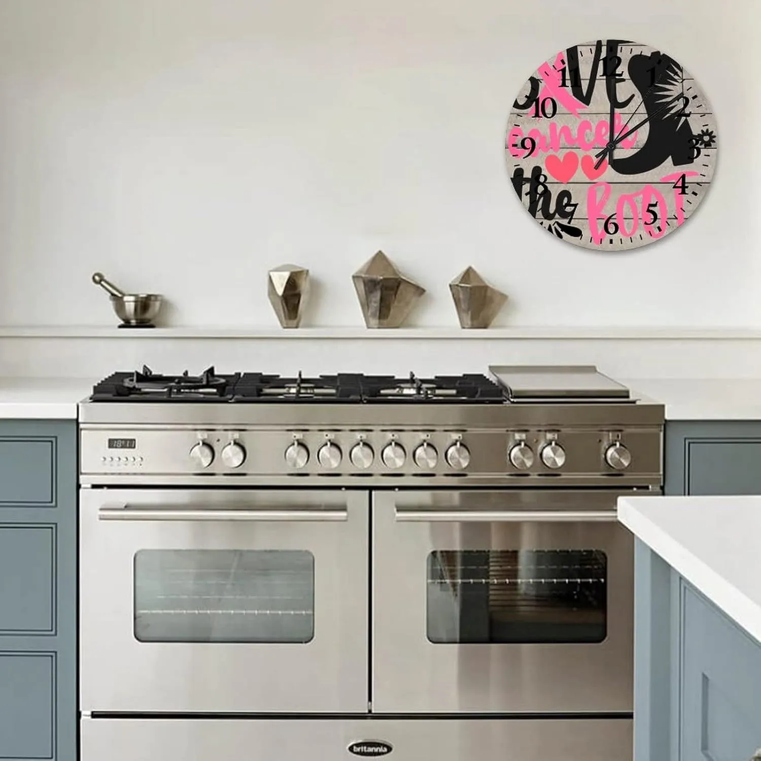 12 Inch Breast Cancer Give Cancer The Boot Wooden Wall Clocks Battery Operated Quartz Quiet Pink Warrior Room Decorative Wall Clock Arabic Numbers Round Clock for Home Office School