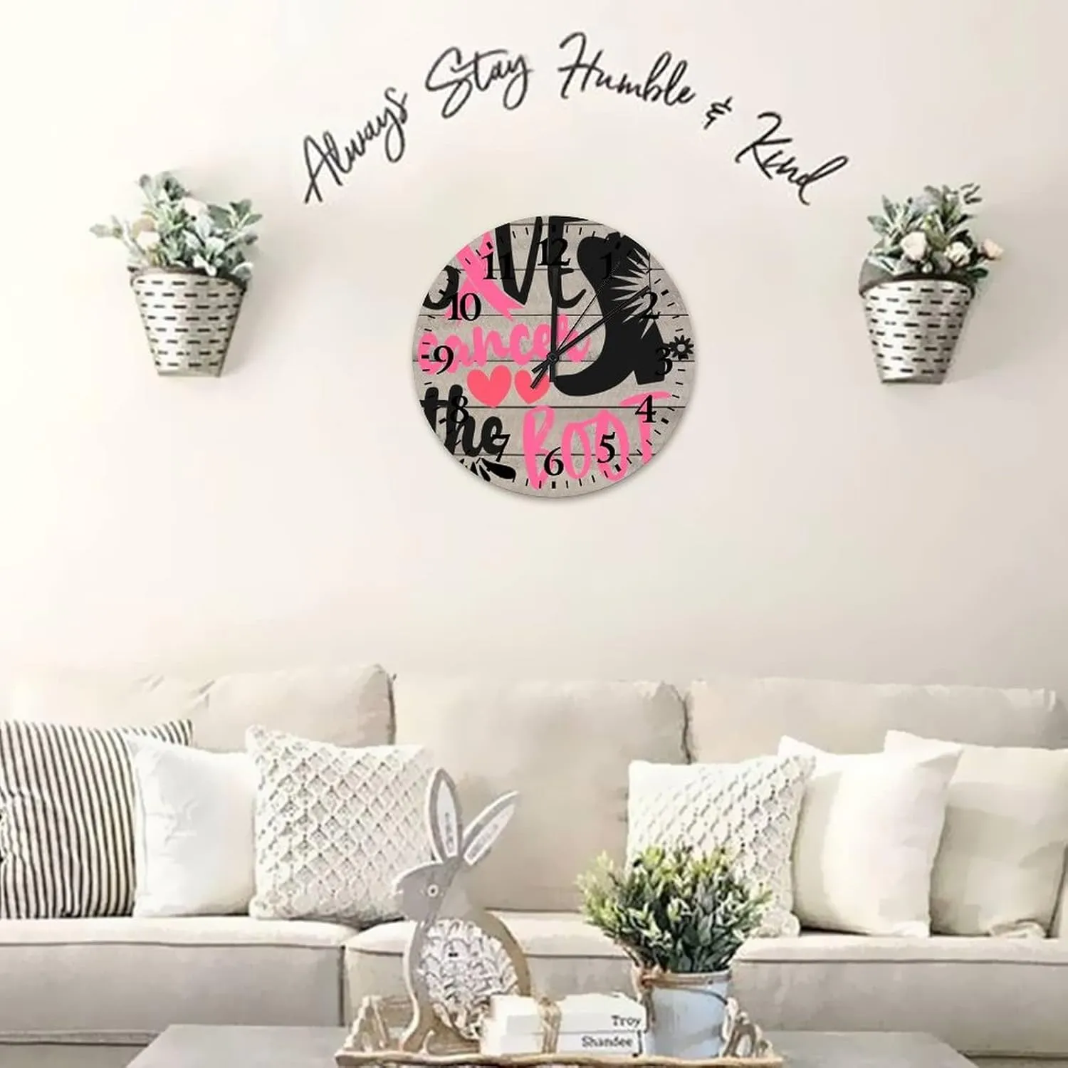12 Inch Breast Cancer Give Cancer The Boot Wooden Wall Clocks Battery Operated Quartz Quiet Pink Warrior Room Decorative Wall Clock Arabic Numbers Round Clock for Home Office School