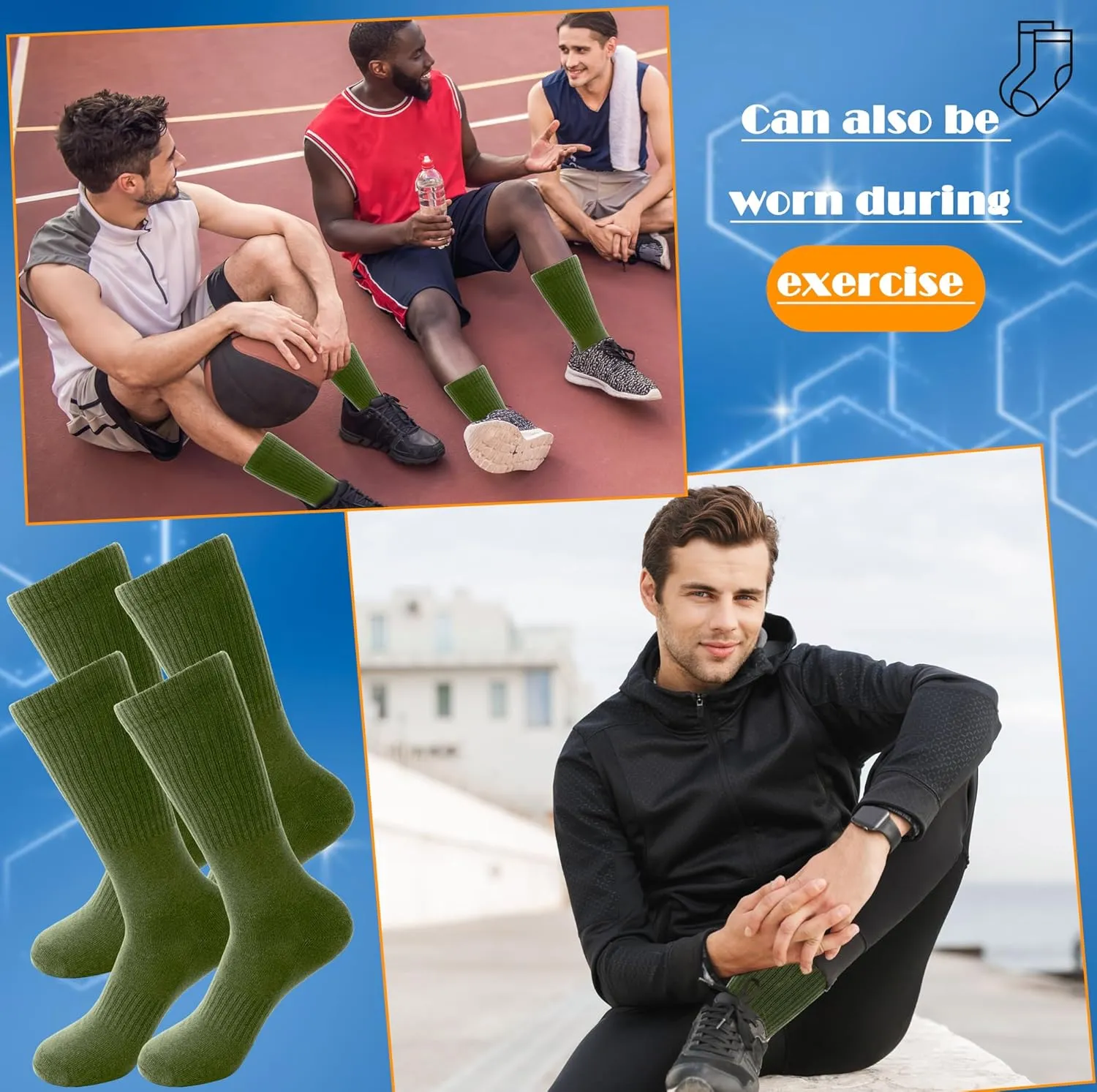 12 Pairs Army Socks Green Military Socks Warm Long Boot Sock Army Cotton Sock for Men Women Working Outdoor Sports