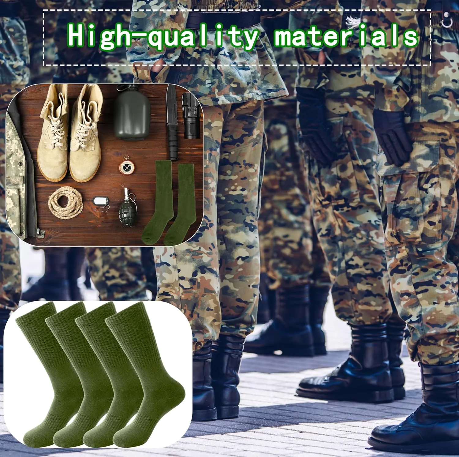 12 Pairs Army Socks Green Military Socks Warm Long Boot Sock Army Cotton Sock for Men Women Working Outdoor Sports