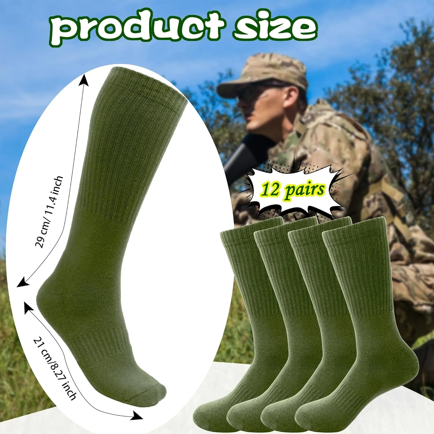 12 Pairs Army Socks Green Military Socks Warm Long Boot Sock Army Cotton Sock for Men Women Working Outdoor Sports