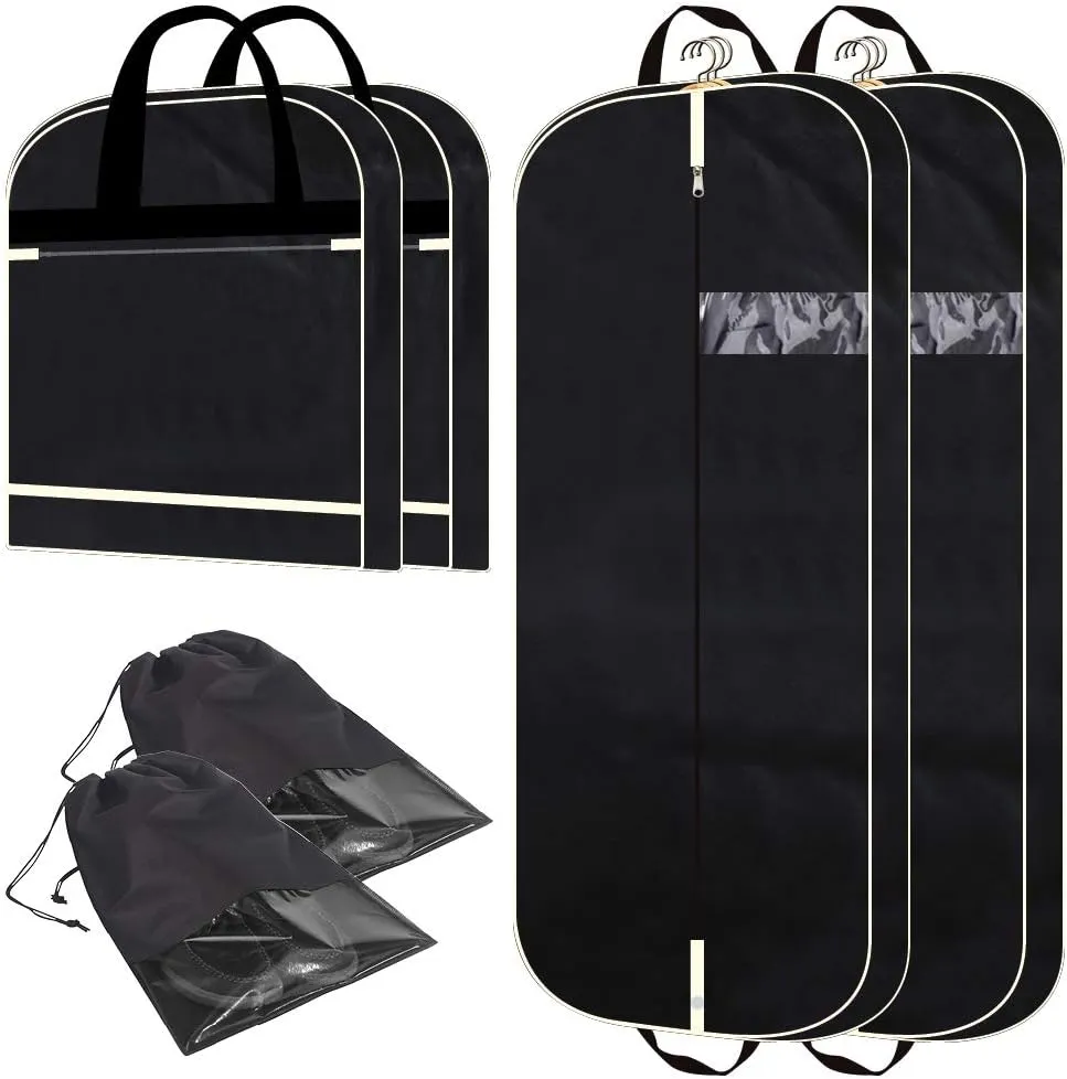 2 Pack 54" Gusseted Garment Bags with Extra Large Pockets for Travel, Breathable Foldable Suit Covers Mens Womens Hanging Bag for Clothes Shirts Dresses Coats, Black