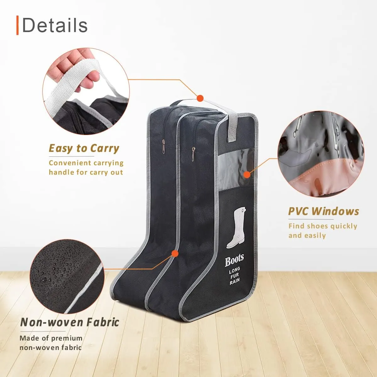2 Pack Portable Boots Storage Bag, Black Shoe Bags for Storage and Travel Dust Proof Travel Shoe Bags for Packing (Large)