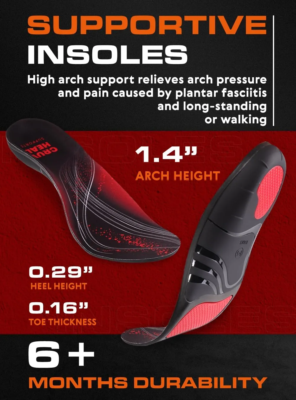 2 Pairs of 220  lbs Plantar Fasciitis Insoles Men Women - Heavy Duty High Arch Support - Orthotic Shoe Inserts - Work Boot Shoe Insole (Black, M)