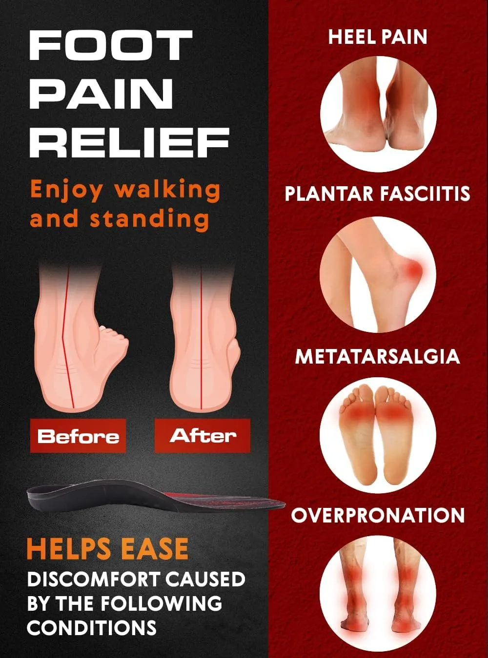 2 Pairs of 220  lbs Plantar Fasciitis Insoles Men Women - Heavy Duty High Arch Support - Orthotic Shoe Inserts - Work Boot Shoe Insole (Black, M)