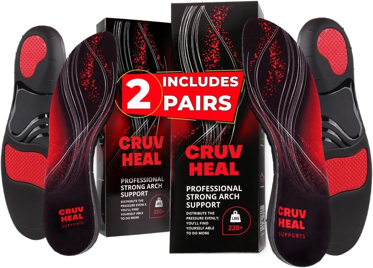 2 Pairs of 220  lbs Plantar Fasciitis Insoles Men Women - Heavy Duty High Arch Support - Orthotic Shoe Inserts - Work Boot Shoe Insole (Black, M)