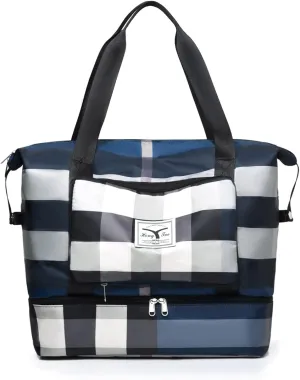 2022 New Foldable Dry/Wet Separation Travel Duffel Bag with Shoe Compartment Large Capacity Folding Weekender Overnight Bag Lightweight Waterproof Gym Tote Bag (B-Blue)