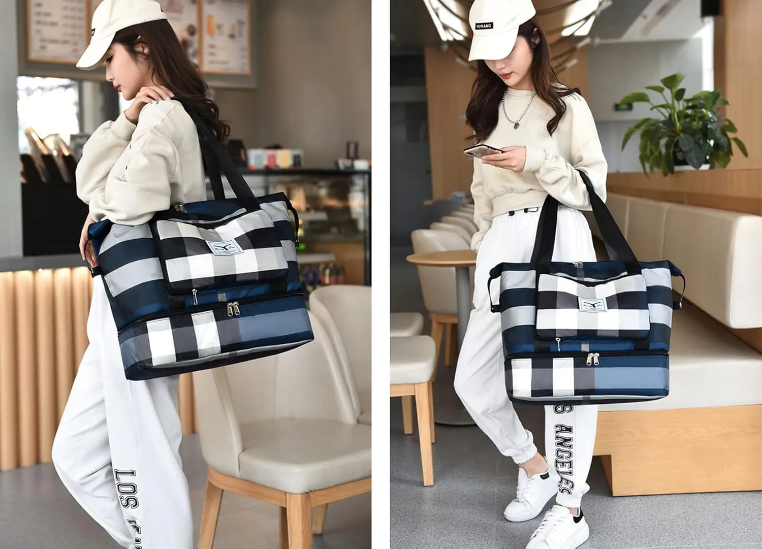 2022 New Foldable Dry/Wet Separation Travel Duffel Bag with Shoe Compartment Large Capacity Folding Weekender Overnight Bag Lightweight Waterproof Gym Tote Bag (B-Blue)
