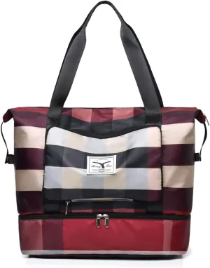 2022 New Foldable Dry/Wet Separation Travel Duffel Bag with Shoe Compartment Large Capacity Folding Weekender Overnight Bag Lightweight Waterproof Gym Tote Bag (B-Red)