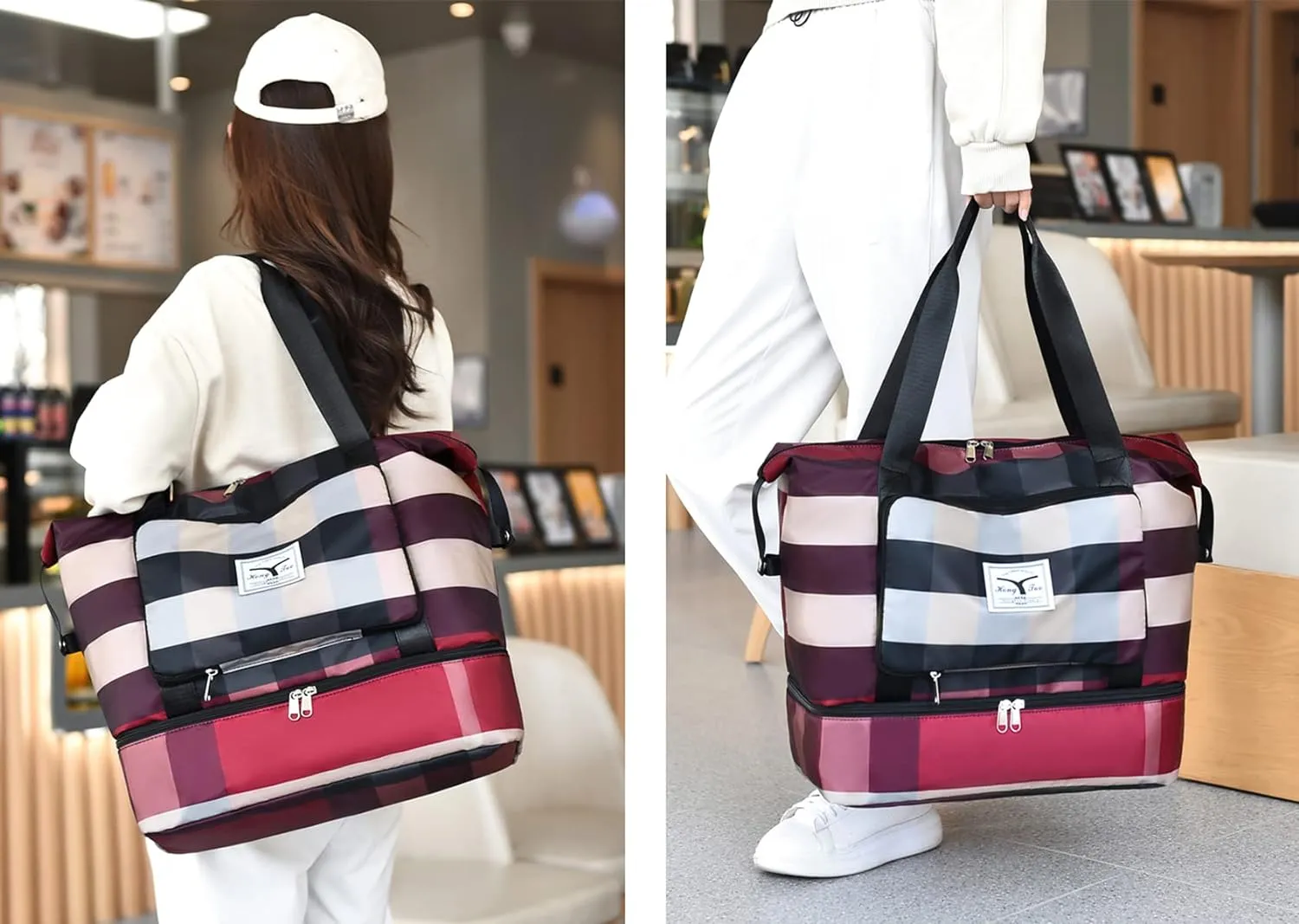 2022 New Foldable Dry/Wet Separation Travel Duffel Bag with Shoe Compartment Large Capacity Folding Weekender Overnight Bag Lightweight Waterproof Gym Tote Bag (B-Red)