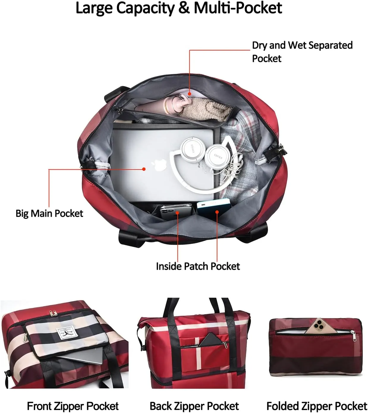 2022 New Foldable Dry/Wet Separation Travel Duffel Bag with Shoe Compartment Large Capacity Folding Weekender Overnight Bag Lightweight Waterproof Gym Tote Bag (B-Red)