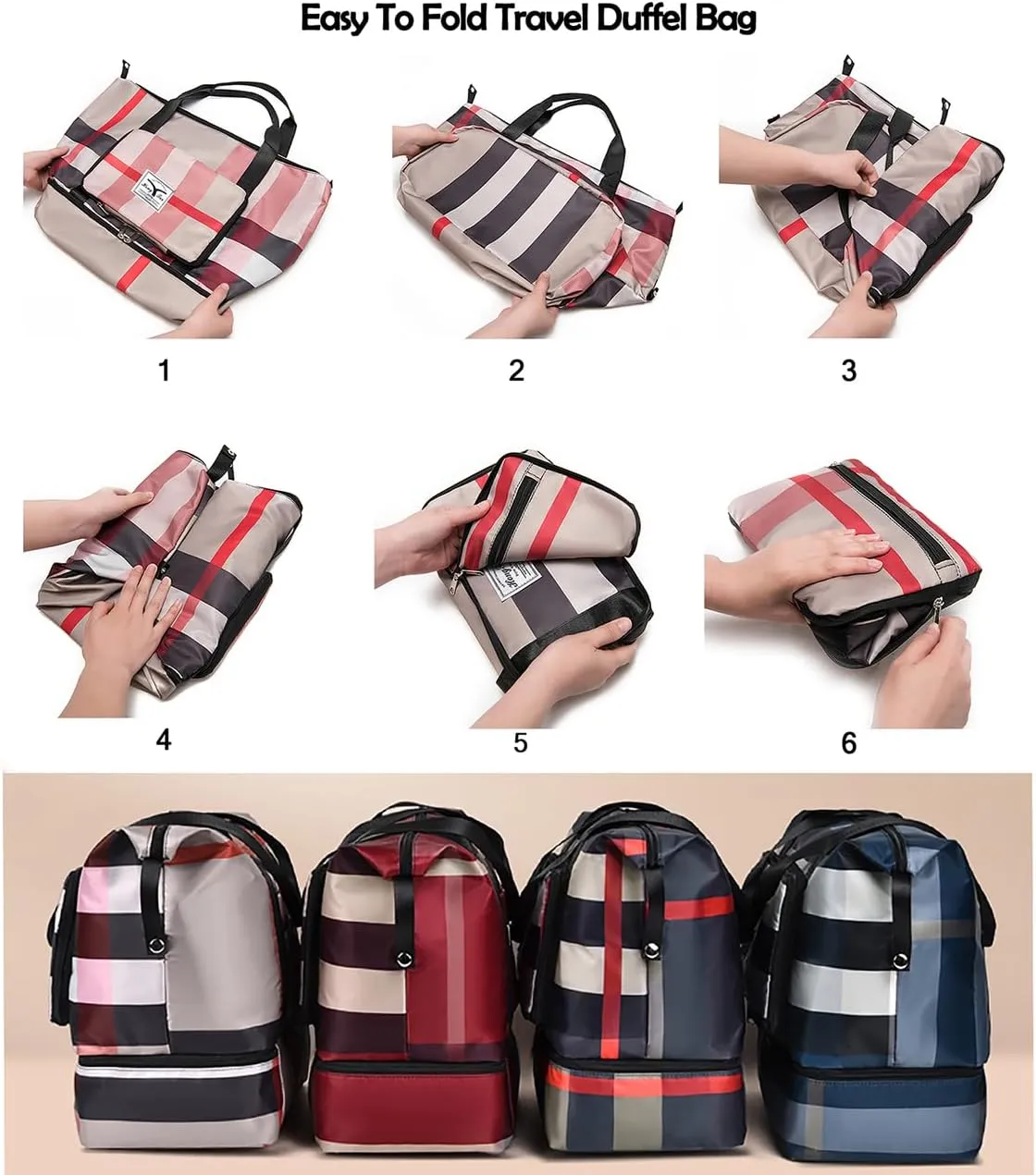 2022 New Foldable Dry/Wet Separation Travel Duffel Bag with Shoe Compartment Large Capacity Folding Weekender Overnight Bag Lightweight Waterproof Gym Tote Bag (B-Red)