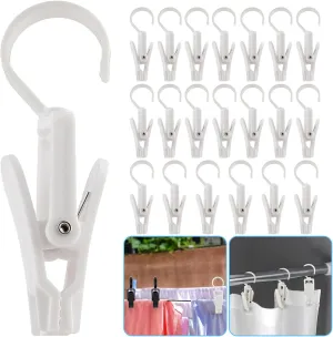 20pcs Laundry Hooks with Clips Super Strong Plastic Home Travel Swivel Hanging Hanger Closet Organizer Clamps Socks Boot Bras Towels for Bathroom Wardrobe Kitchen Office,White