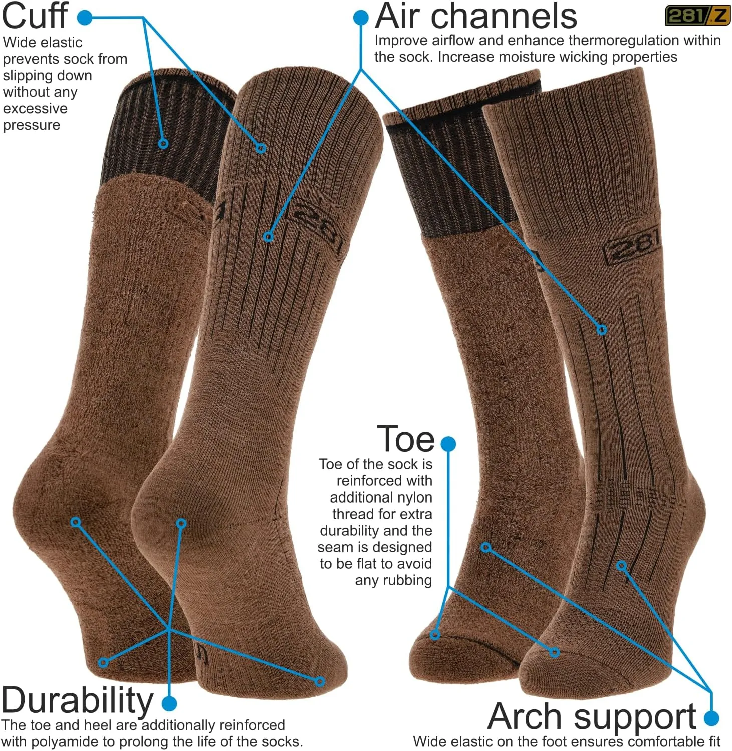 281Z Military Winter Cushioned Mid-Calf Wool Boot Socks - Tactical Trekking Hiking Outdoor Hunting (Coyote Brown)