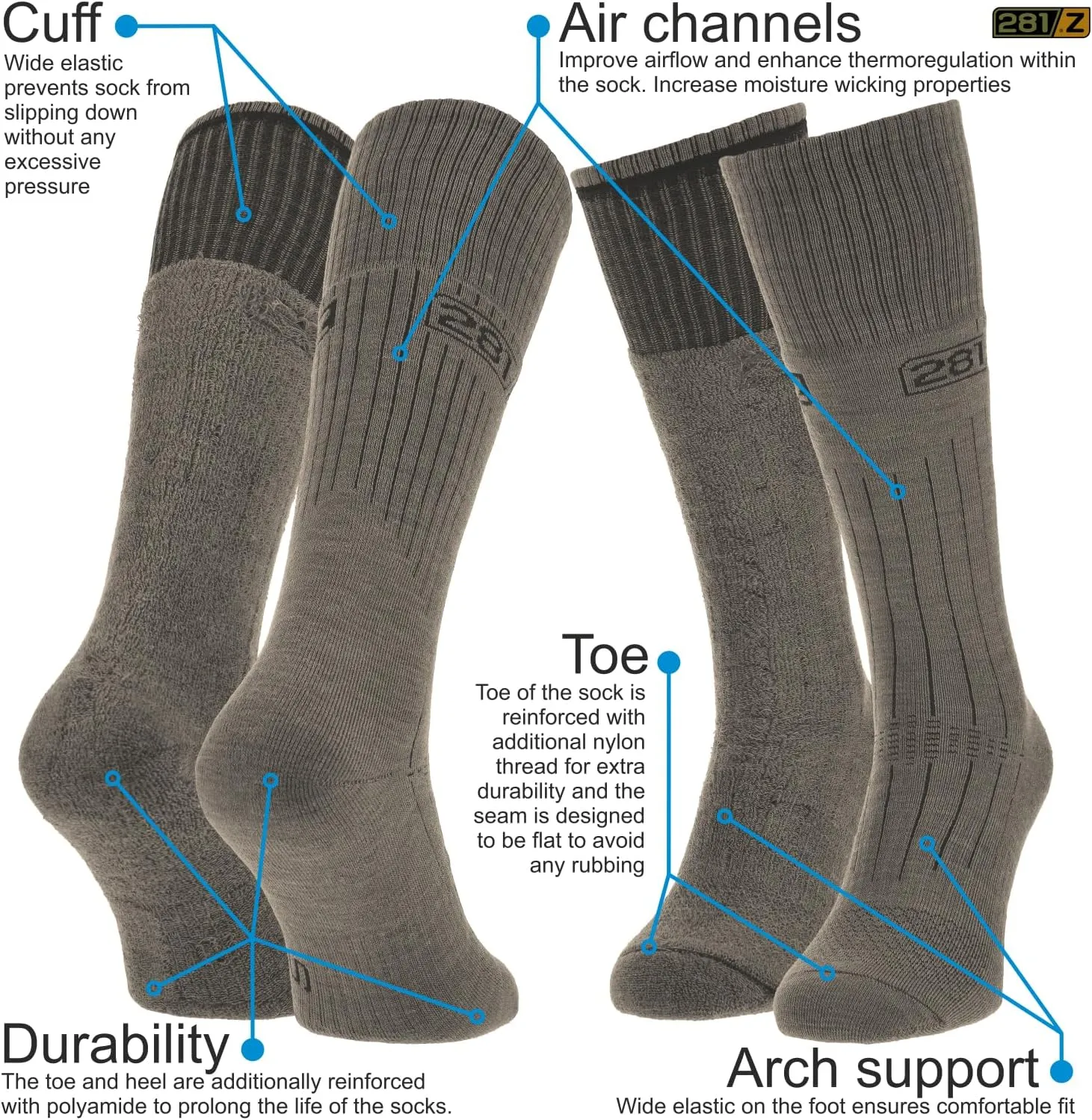 281Z Military Winter Cushioned Mid-Calf Wool Boot Socks - Tactical Trekking Hiking Outdoor Hunting (Olive Drab)