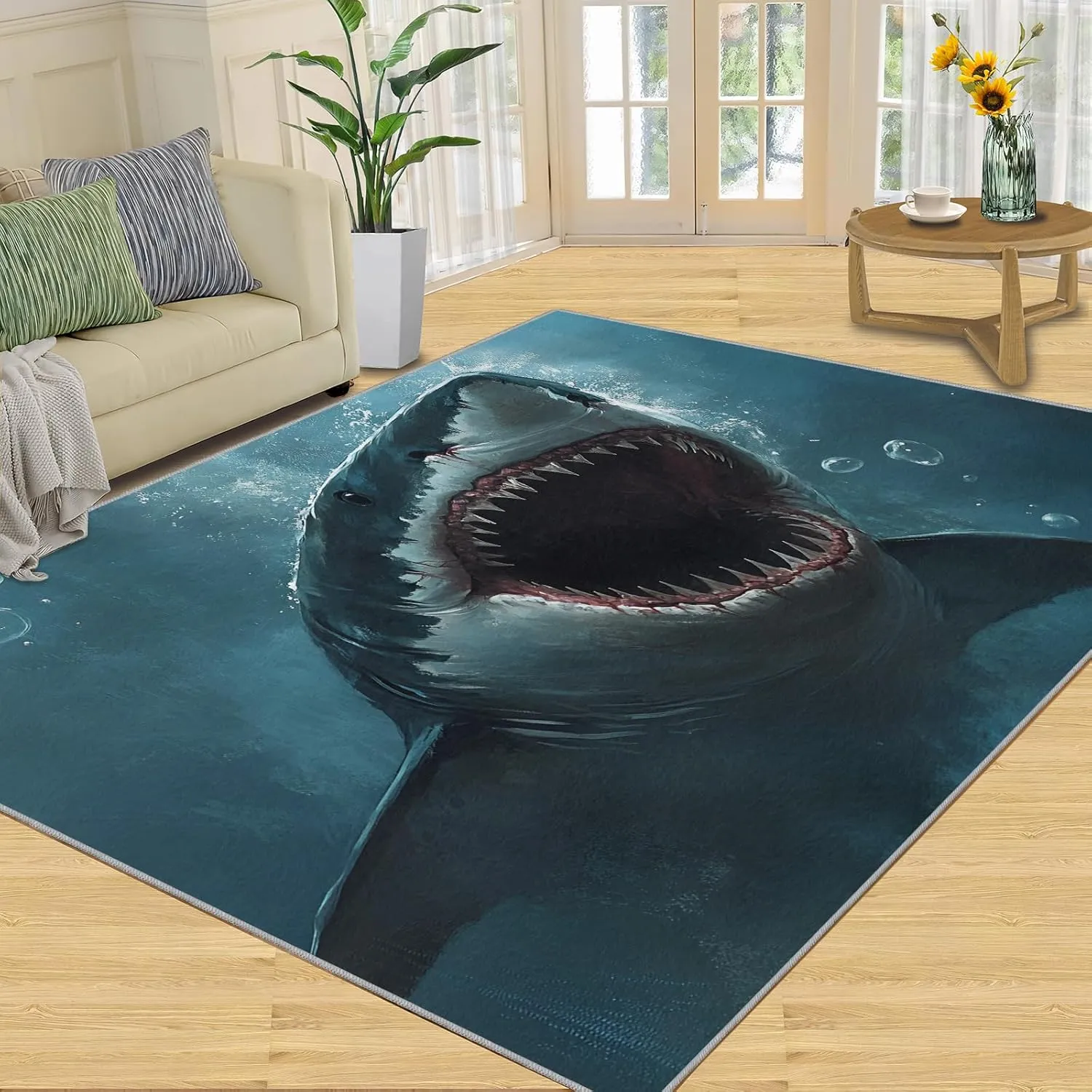 3 x 2 Rug, Shark Rugs for Living Room Bedroom, Blue Ocean Kids Area Rug, Underwater World Washable Non Slip Soft Large Indoor Rugs, Home Decor & Gifts