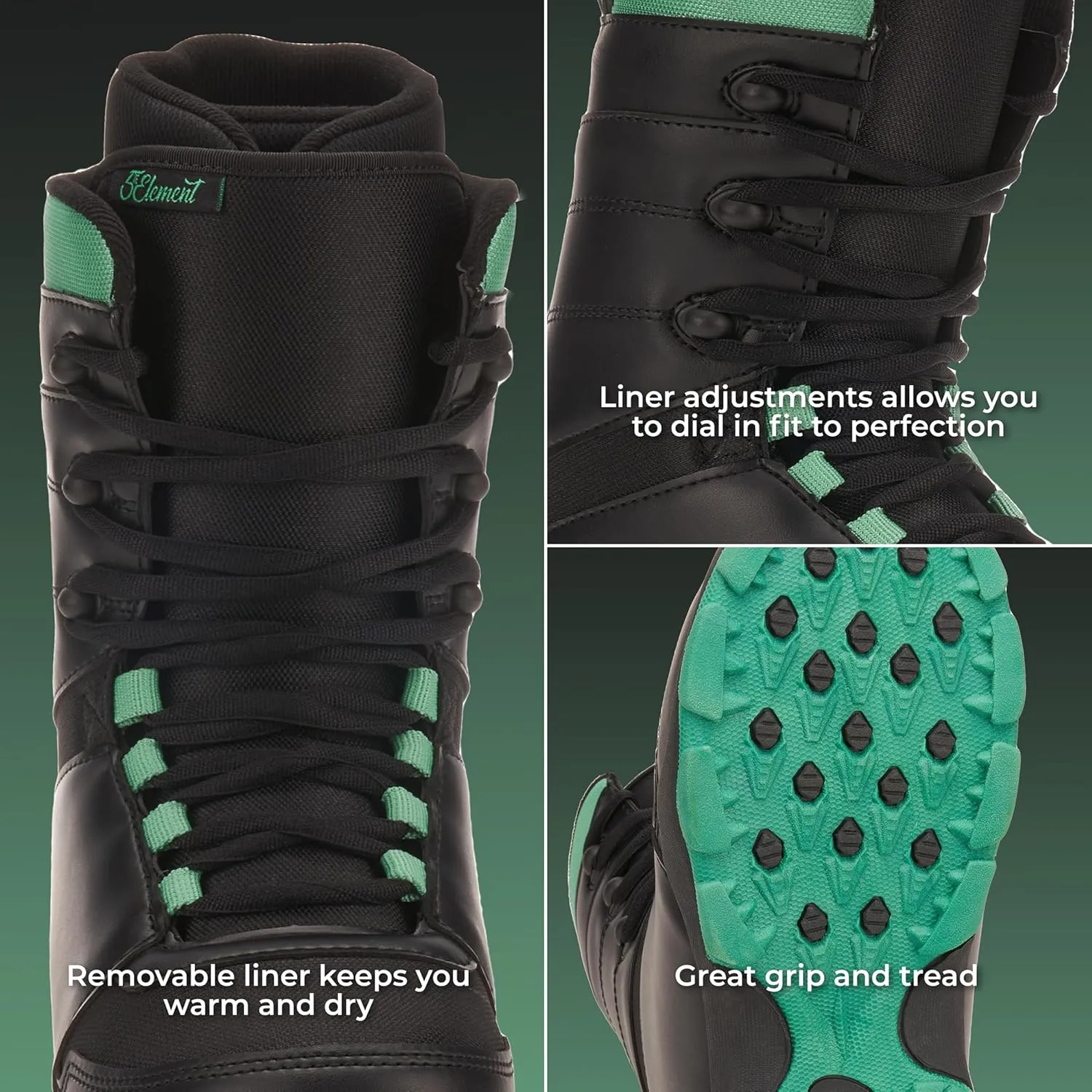 5th Element Lace Up and Dial Snowboard Boots for Women-Compatible with Strap Snowboard Bindings with Waterproof Liners-All Mountain Snowboarding Womens Sizes