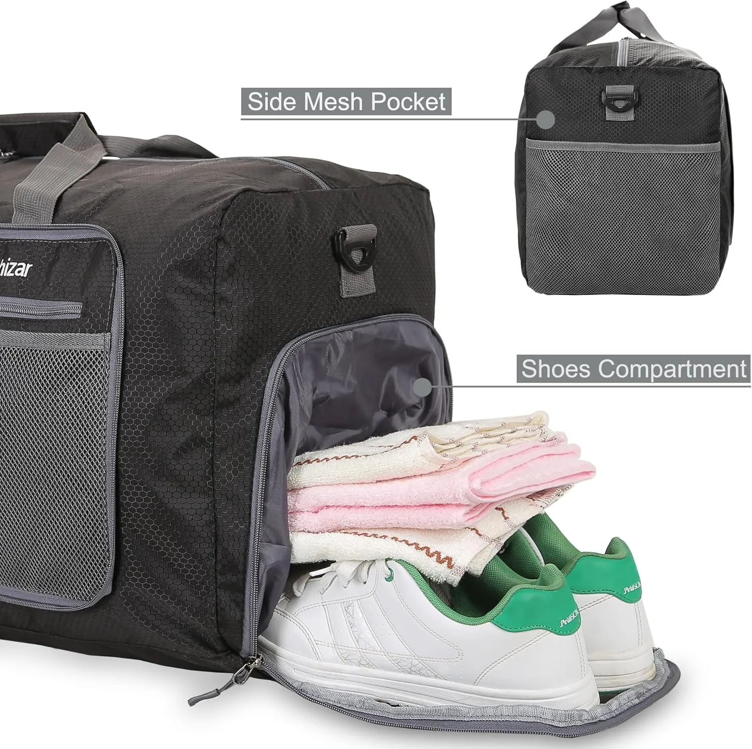 60L Duffle Bag 25 Inch Large Travel Bag Lightweight Foldable Weekend Duffel with Shoe Compartment Shoulder Strap for Men Women (Black)