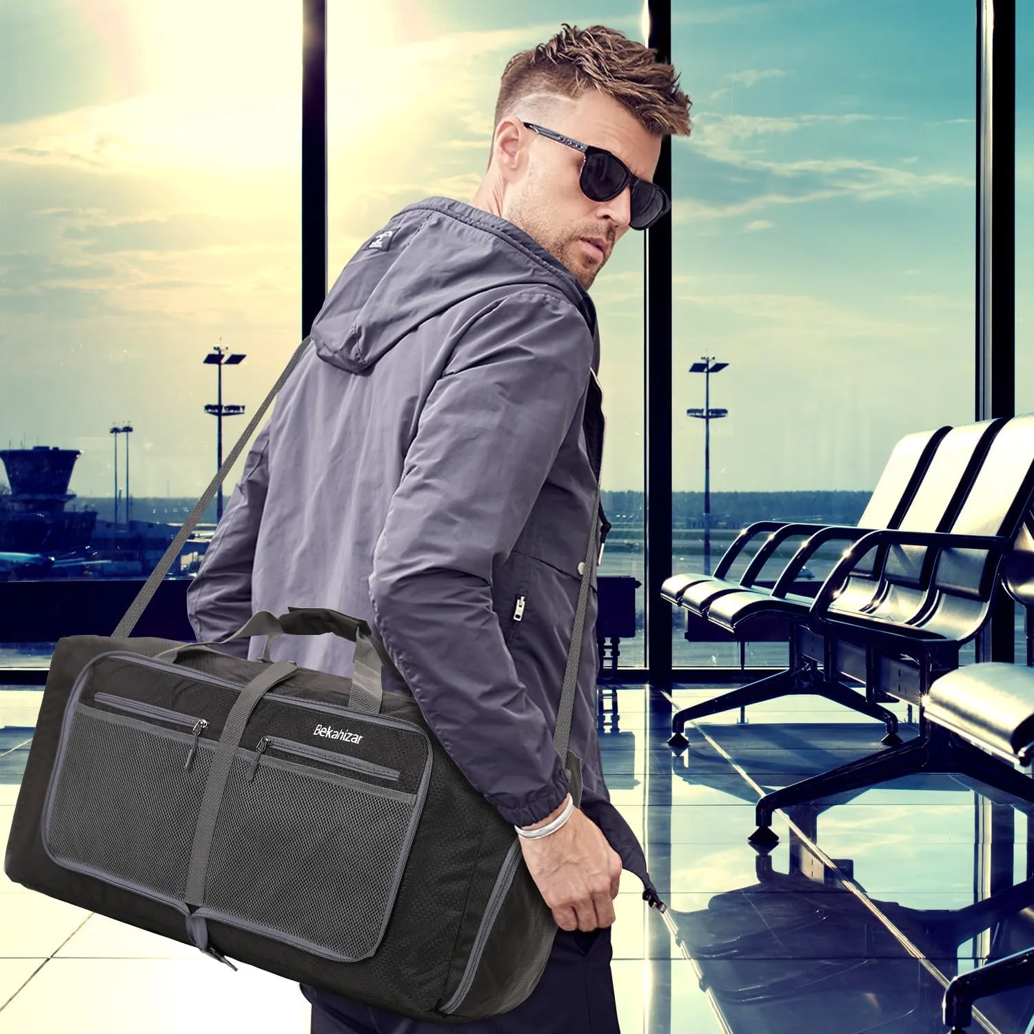 60L Duffle Bag 25 Inch Large Travel Bag Lightweight Foldable Weekend Duffel with Shoe Compartment Shoulder Strap for Men Women (Black)