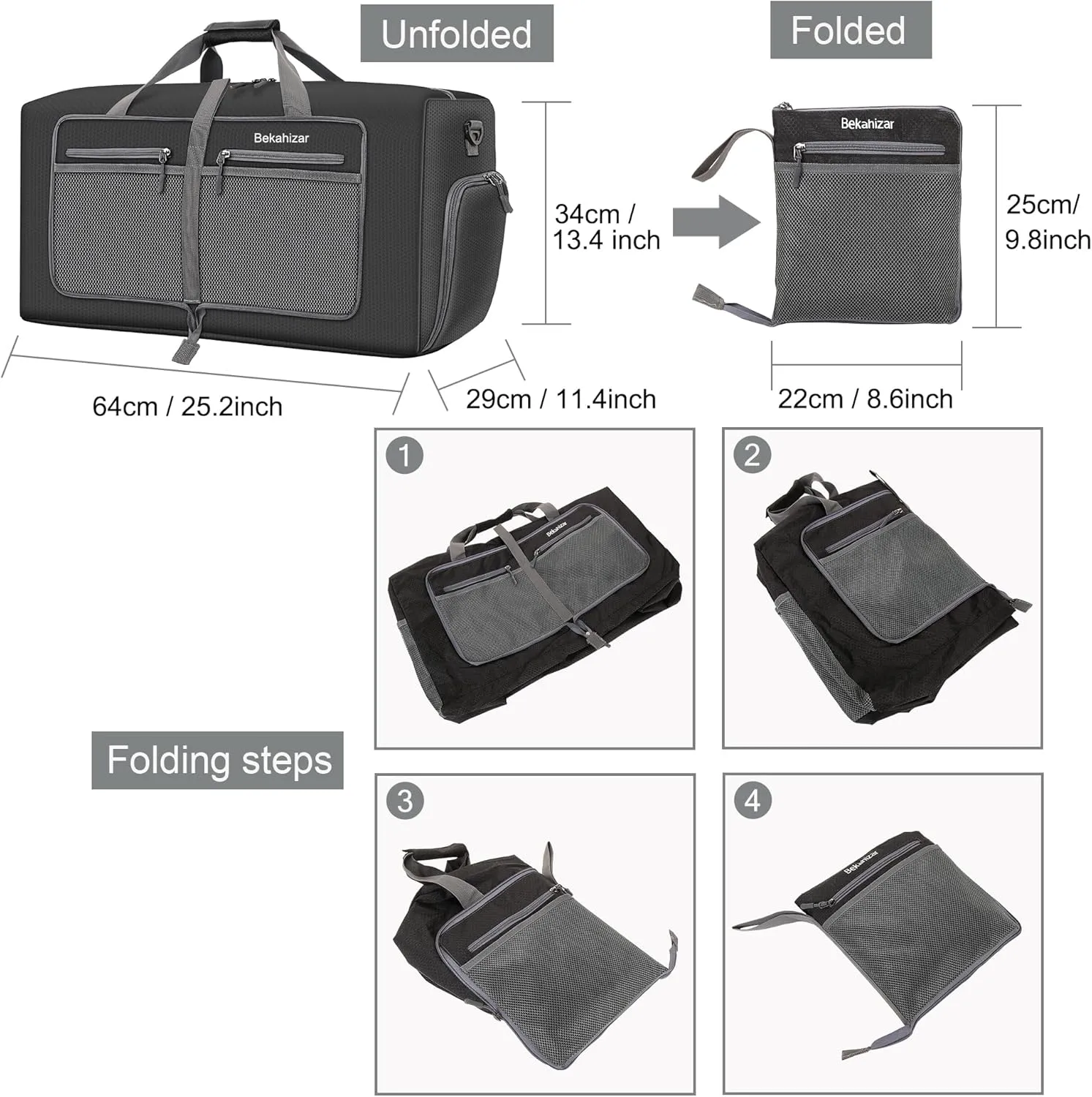 60L Duffle Bag 25 Inch Large Travel Bag Lightweight Foldable Weekend Duffel with Shoe Compartment Shoulder Strap for Men Women (Black)
