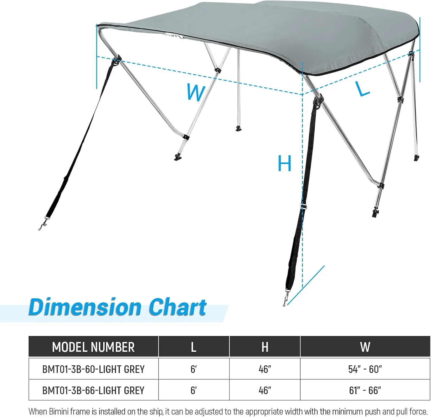 AA Products 3 Bow Bimini Top Cover Sun Shade Boat Canopy Waterproof Includes Storage Boot with Aluminum Frame, 46" Height with Rear Support Poles