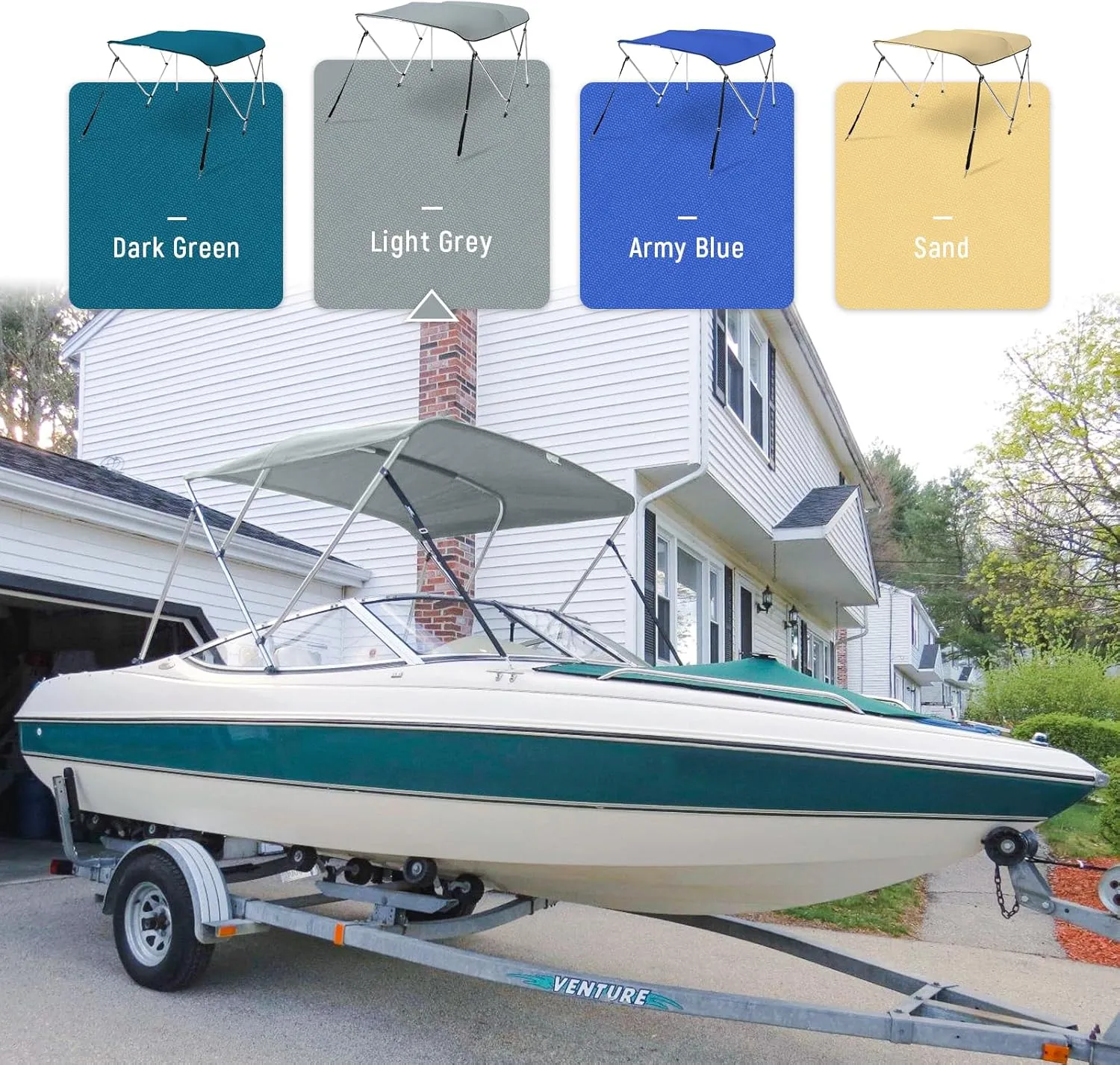 AA Products 3 Bow Bimini Top Cover Sun Shade Boat Canopy Waterproof Includes Storage Boot with Aluminum Frame, 46" Height with Rear Support Poles