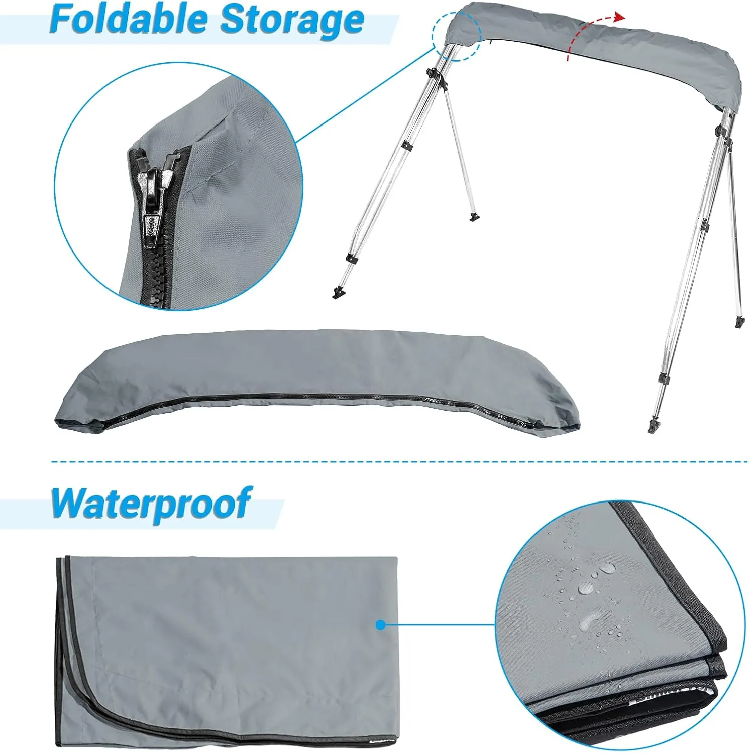 AA Products 3 Bow Bimini Top Cover Sun Shade Boat Canopy Waterproof Includes Storage Boot with Aluminum Frame, 46" Height with Rear Support Poles