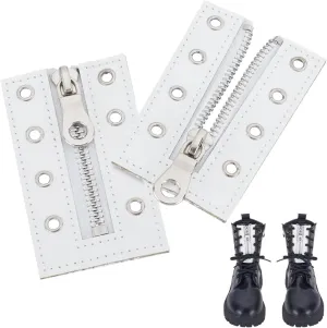 AHANDMAKER 2Pcs No Tie Leather Boot Zipper Inserts 4 Eyelets Zipper Boot Laces White Metal Inserts 3.5 x 2.1 Inch No Tie Shoe Laces for Men Women Crochet Purse Making Tieless Sneakers Repair DIY