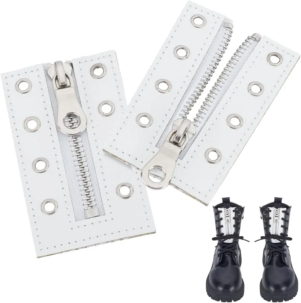 AHANDMAKER 2Pcs No Tie Leather Boot Zipper Inserts 4 Eyelets Zipper Boot Laces White Metal Inserts 3.5 x 2.1 Inch No Tie Shoe Laces for Men Women Crochet Purse Making Tieless Sneakers Repair DIY