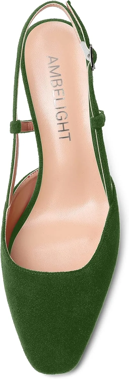 AMBELIGHT Womens Cute Office Square Toe Slingback Slip On Suede Kitten High Heel Pumps Shoes 2.5 Inch