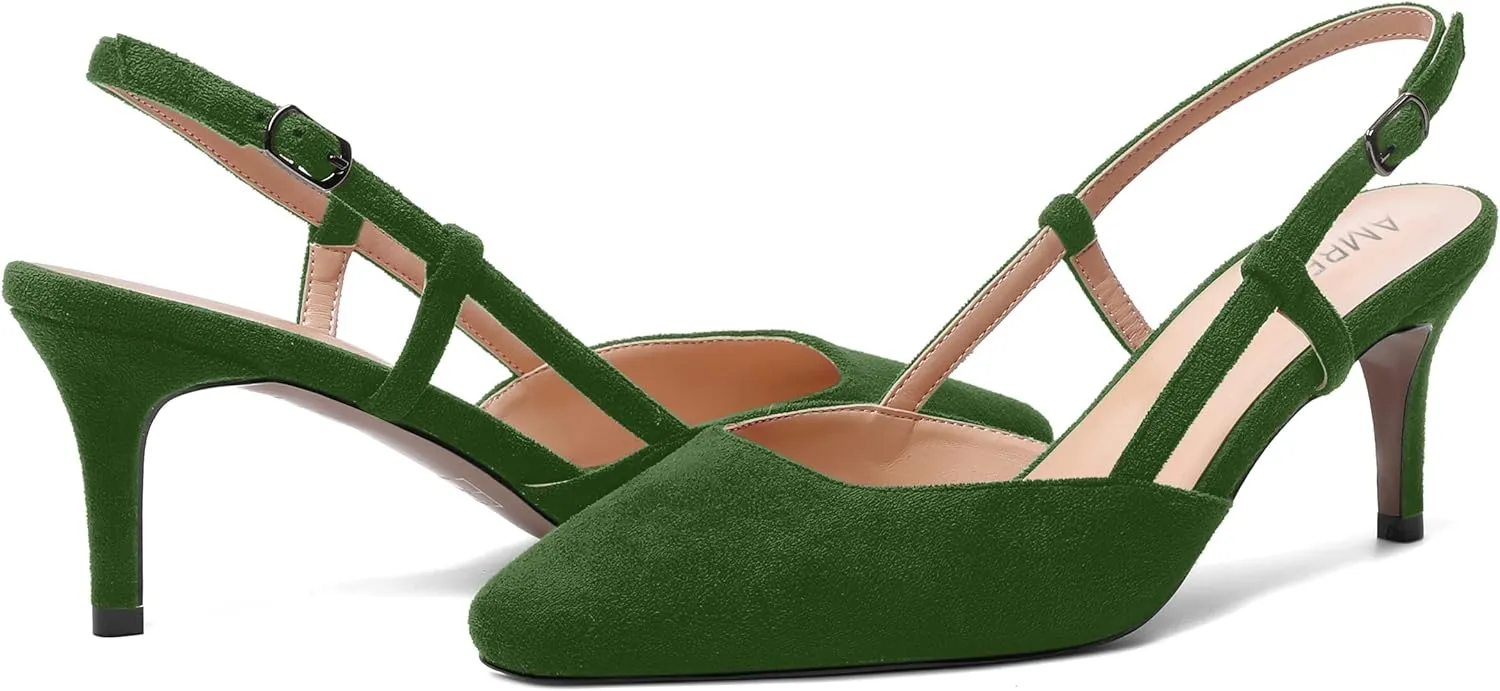 AMBELIGHT Womens Cute Office Square Toe Slingback Slip On Suede Kitten High Heel Pumps Shoes 2.5 Inch