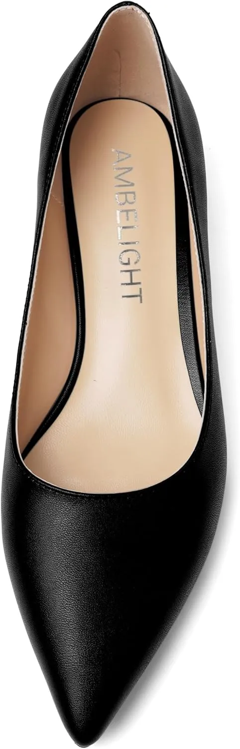 AMBELIGHT Womens Pointed Toe Solid Slip On Casual Matte Office Kitten Low Heel Pumps Shoes 1.5 Inch