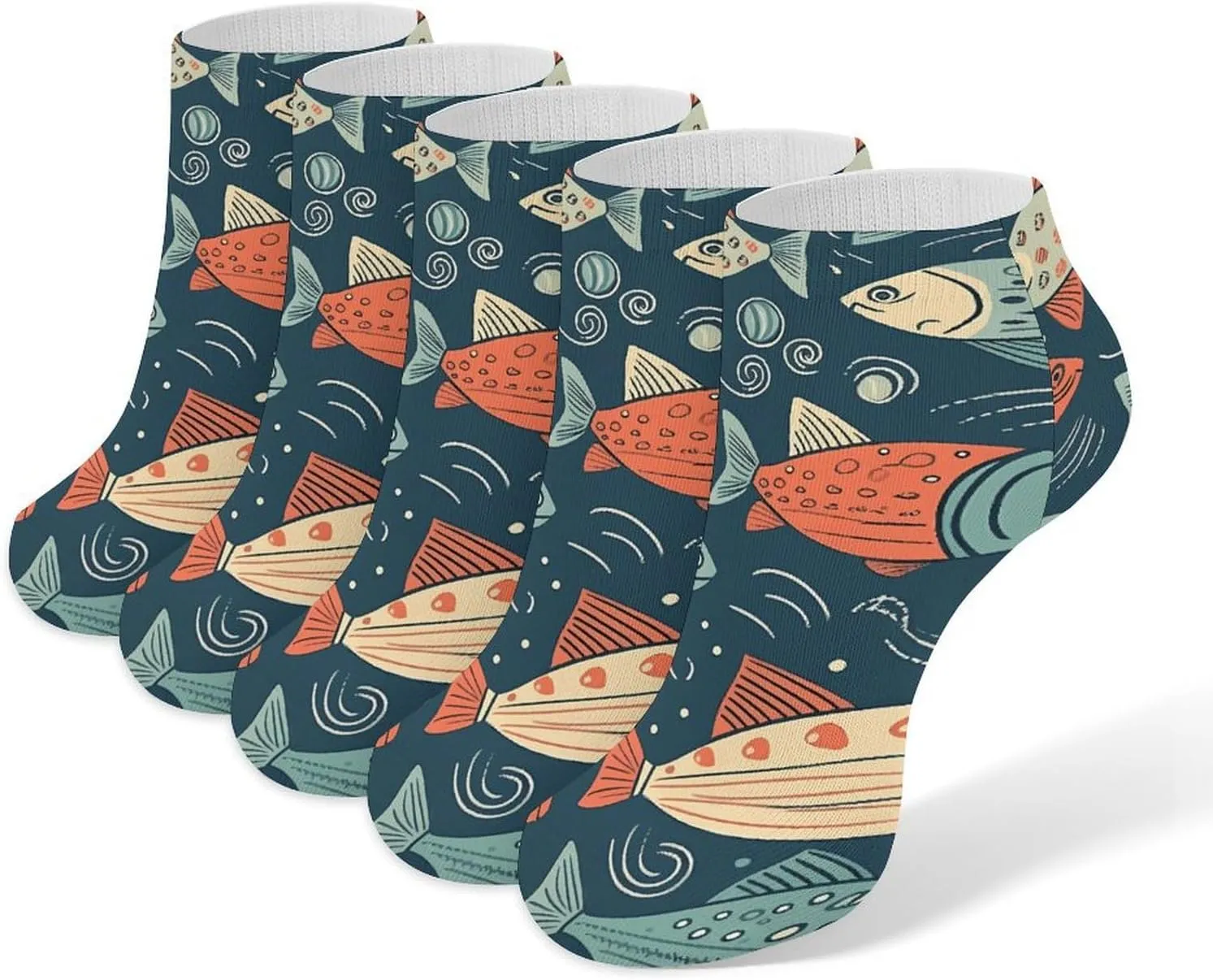 Animation Style Fish Ankle Socks for Men & Women, 5 Pairs Breathable Soft Low Cut Socks, Stretch Sweat Wicking Sox