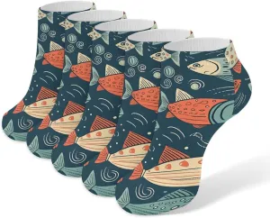 Animation Style Fish Ankle Socks for Men & Women, 5 Pairs Breathable Soft Low Cut Socks, Stretch Sweat Wicking Sox
