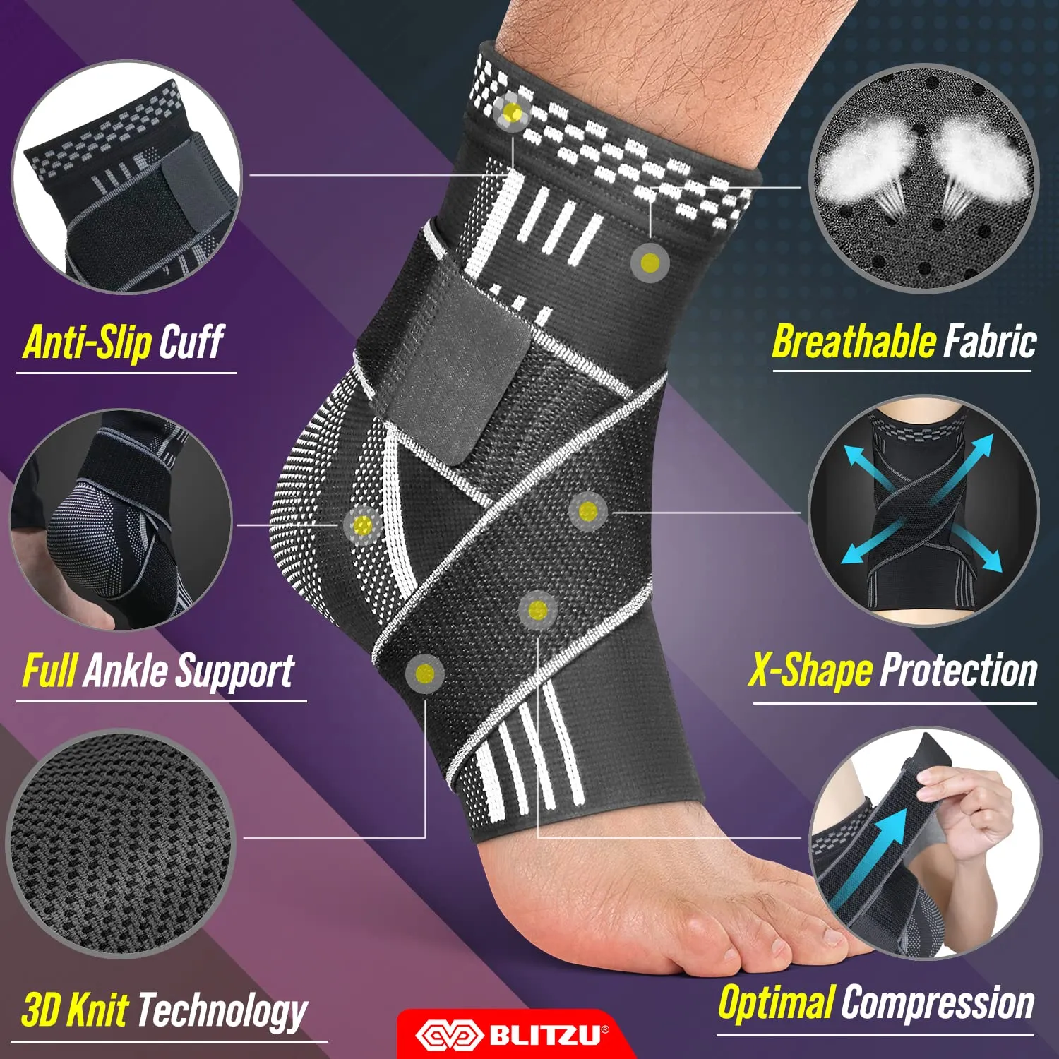 Ankle Brace for Women, Men, Plantar Fasciitis Relief, Achilles Tendonitis Brace for Sprained Foot, Ankle Compression Sleeve with Strap Black S