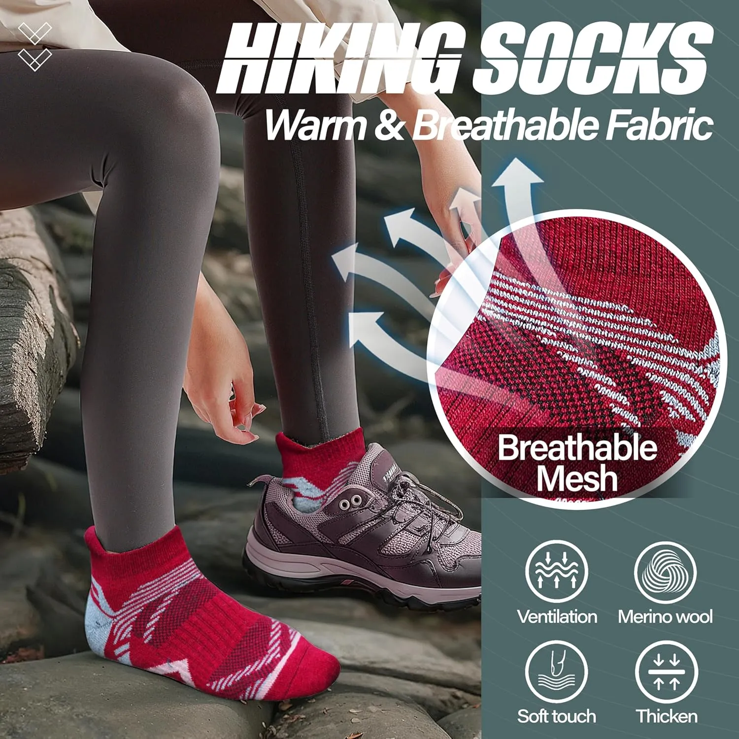 ANTSANG 6 Pairs Merino Wool Ankle Hiking Running Socks Compression Thick Cushion Breathable No Show Socks for Men Women