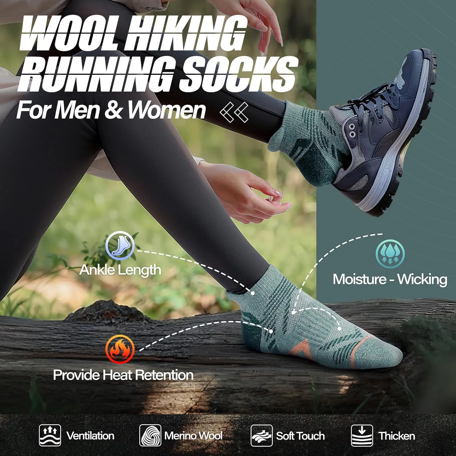 ANTSANG 6 Pairs Merino Wool Ankle Hiking Running Socks Compression Thick Cushion Breathable No Show Socks for Men Women