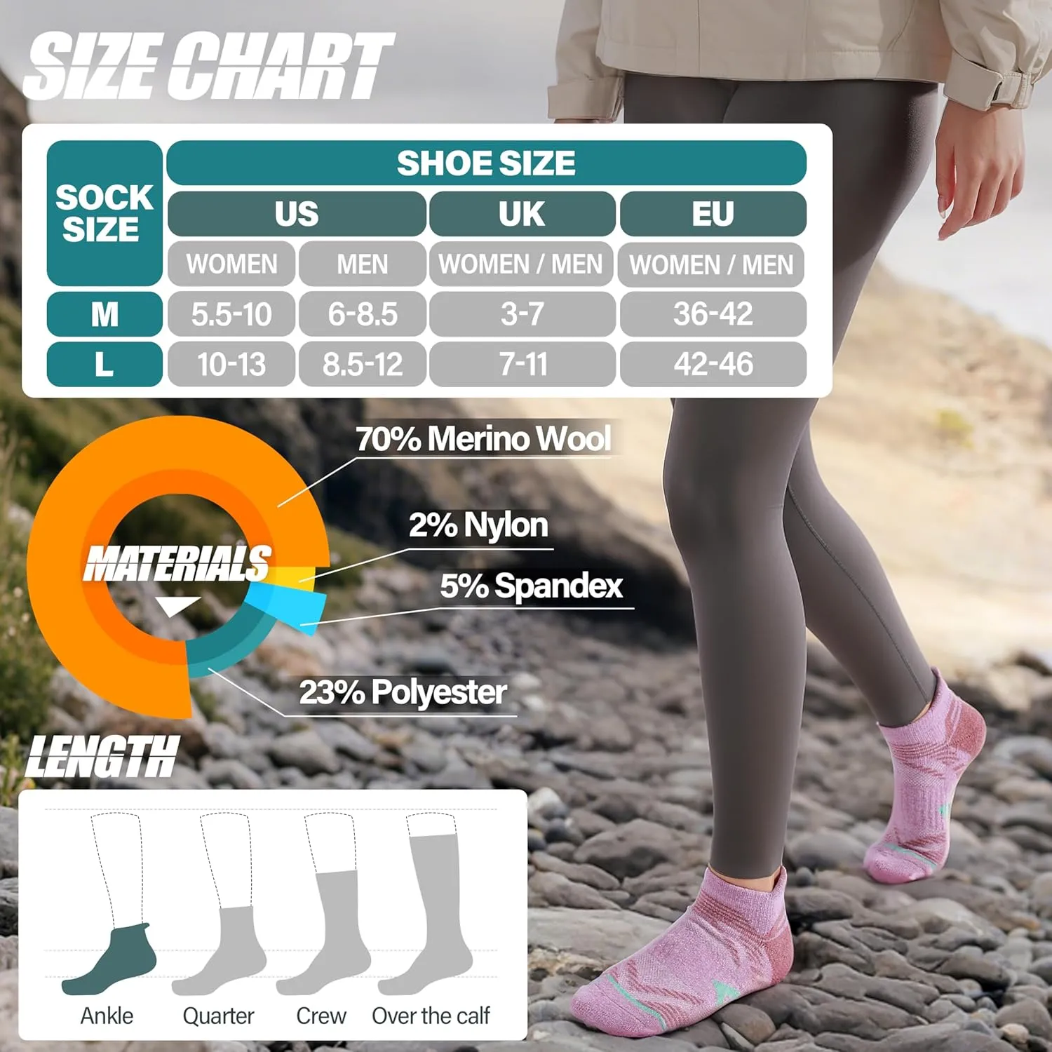 ANTSANG 6 Pairs Merino Wool Ankle Hiking Running Socks Compression Thick Cushion Breathable No Show Socks for Men Women