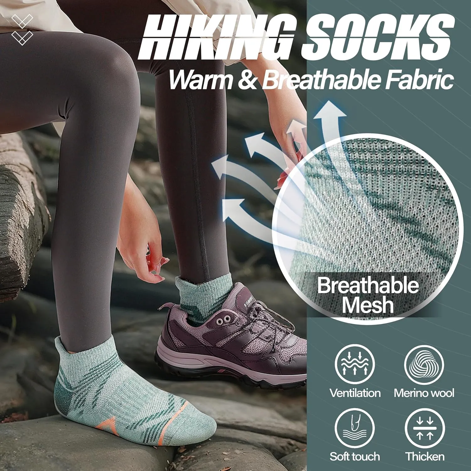 ANTSANG 6 Pairs Merino Wool Ankle Hiking Running Socks Compression Thick Cushion Breathable No Show Socks for Men Women