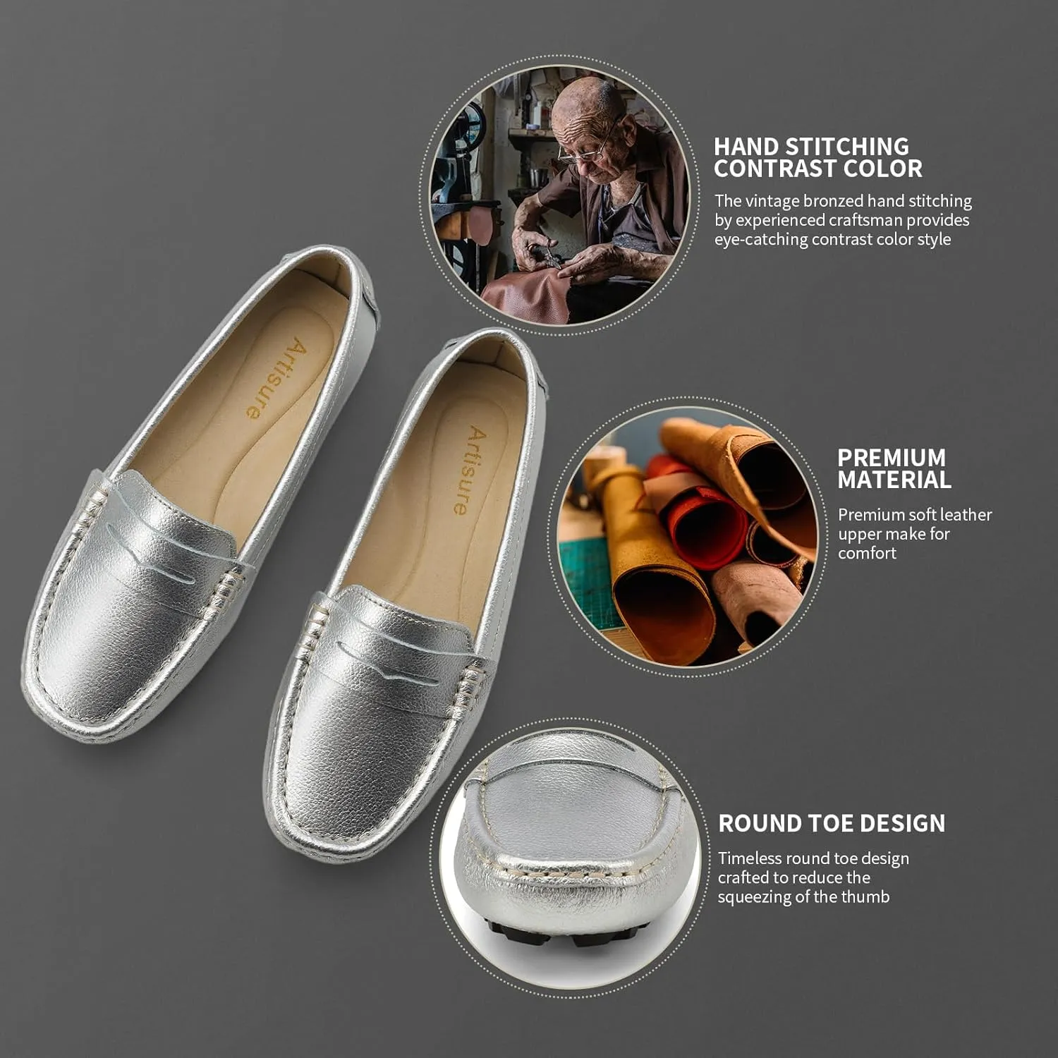 Artisure Women's Classic Comfort Leather Penny Loafers Casual Slip-Ons Lightweight Walking Flats Driving Mocs Boat Shoes