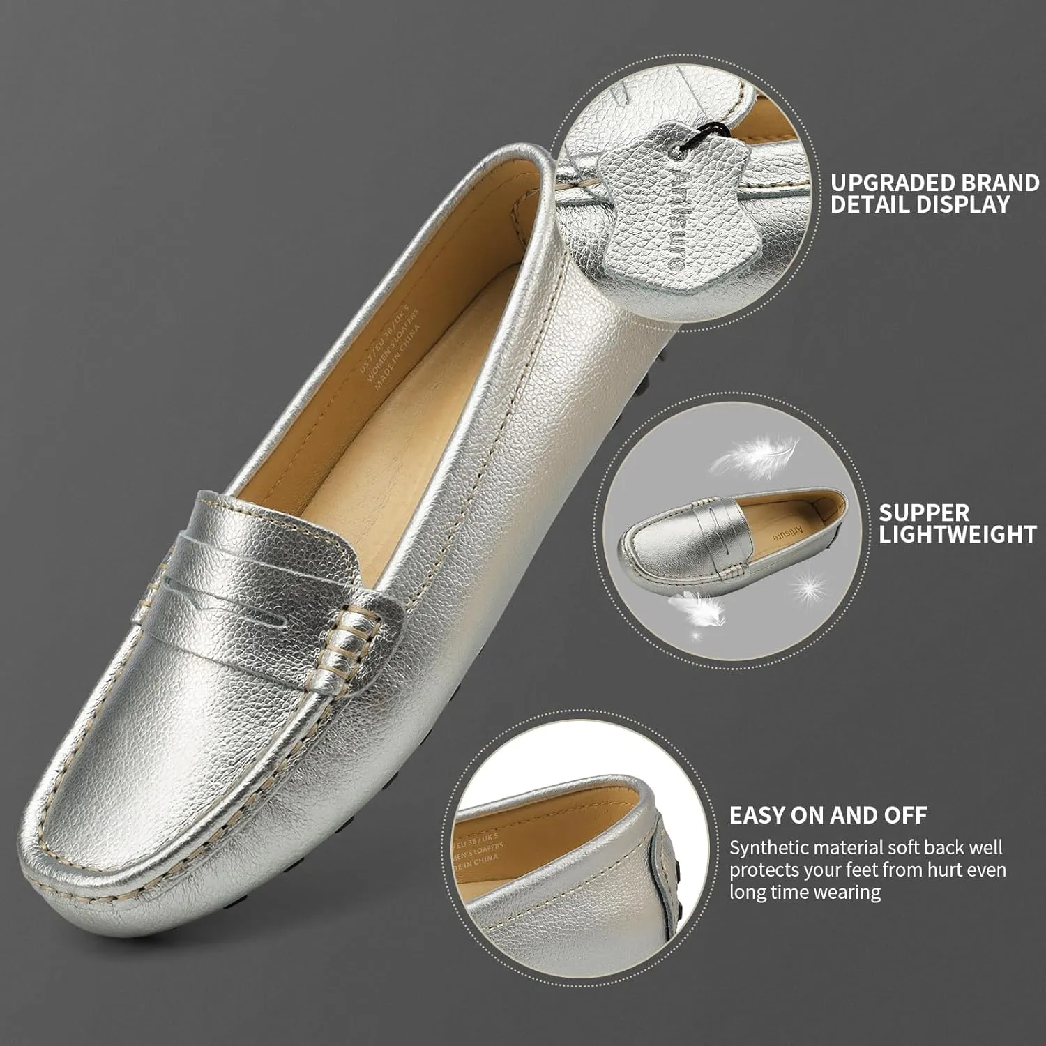 Artisure Women's Classic Comfort Leather Penny Loafers Casual Slip-Ons Lightweight Walking Flats Driving Mocs Boat Shoes