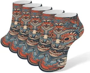 Asian Style Pattern Ankle Socks for Men & Women, 5 Pairs Breathable Soft Low Cut Socks, Stretch Sweat Wicking Sox