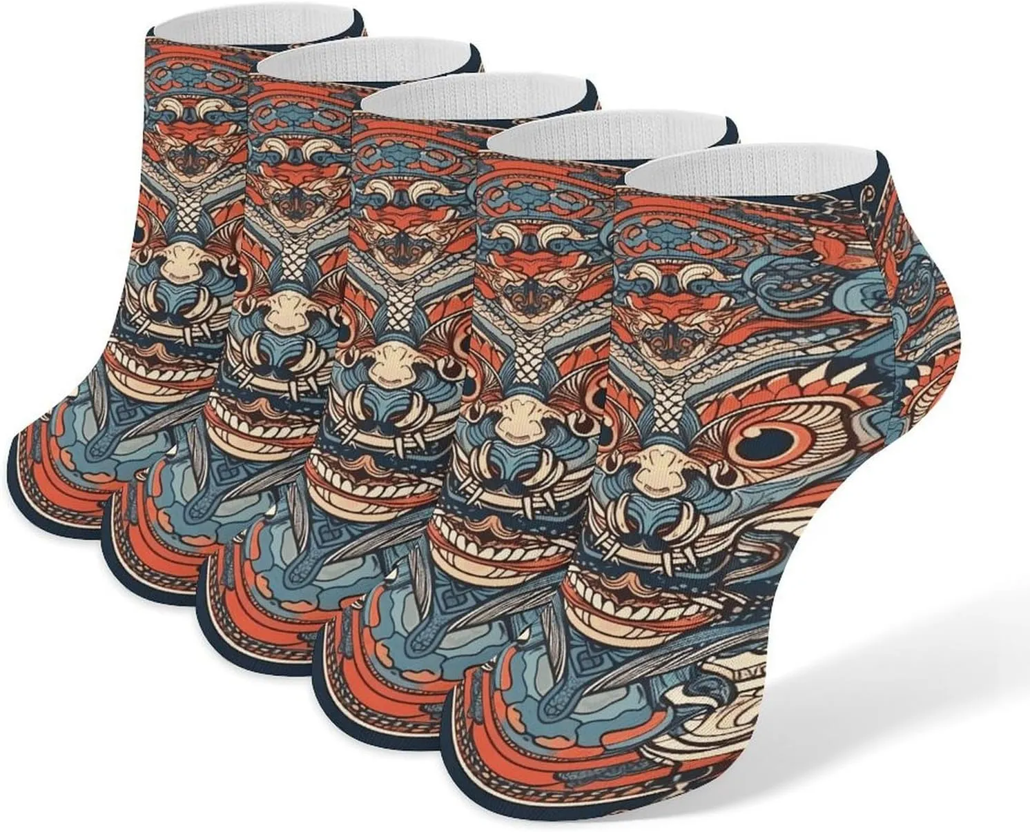 Asian Style Pattern Ankle Socks for Men & Women, 5 Pairs Breathable Soft Low Cut Socks, Stretch Sweat Wicking Sox