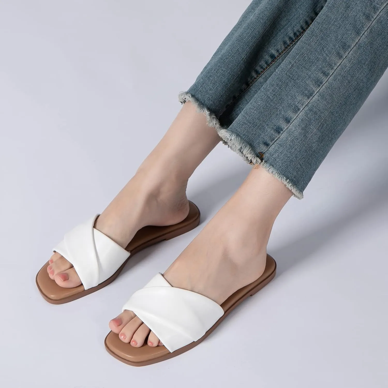Athlefit Women's Summer Flat Sandals Slip On Square Toe Soft Leather Slide Sandals
