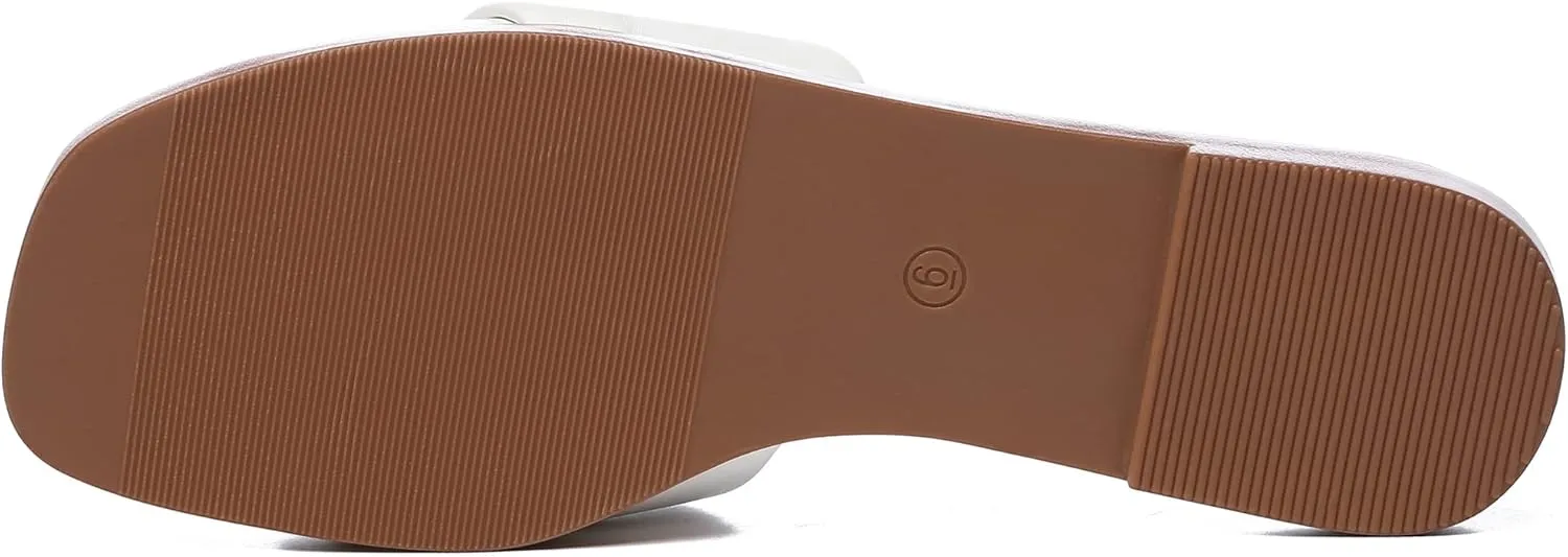 Athlefit Women's Summer Flat Sandals Slip On Square Toe Soft Leather Slide Sandals