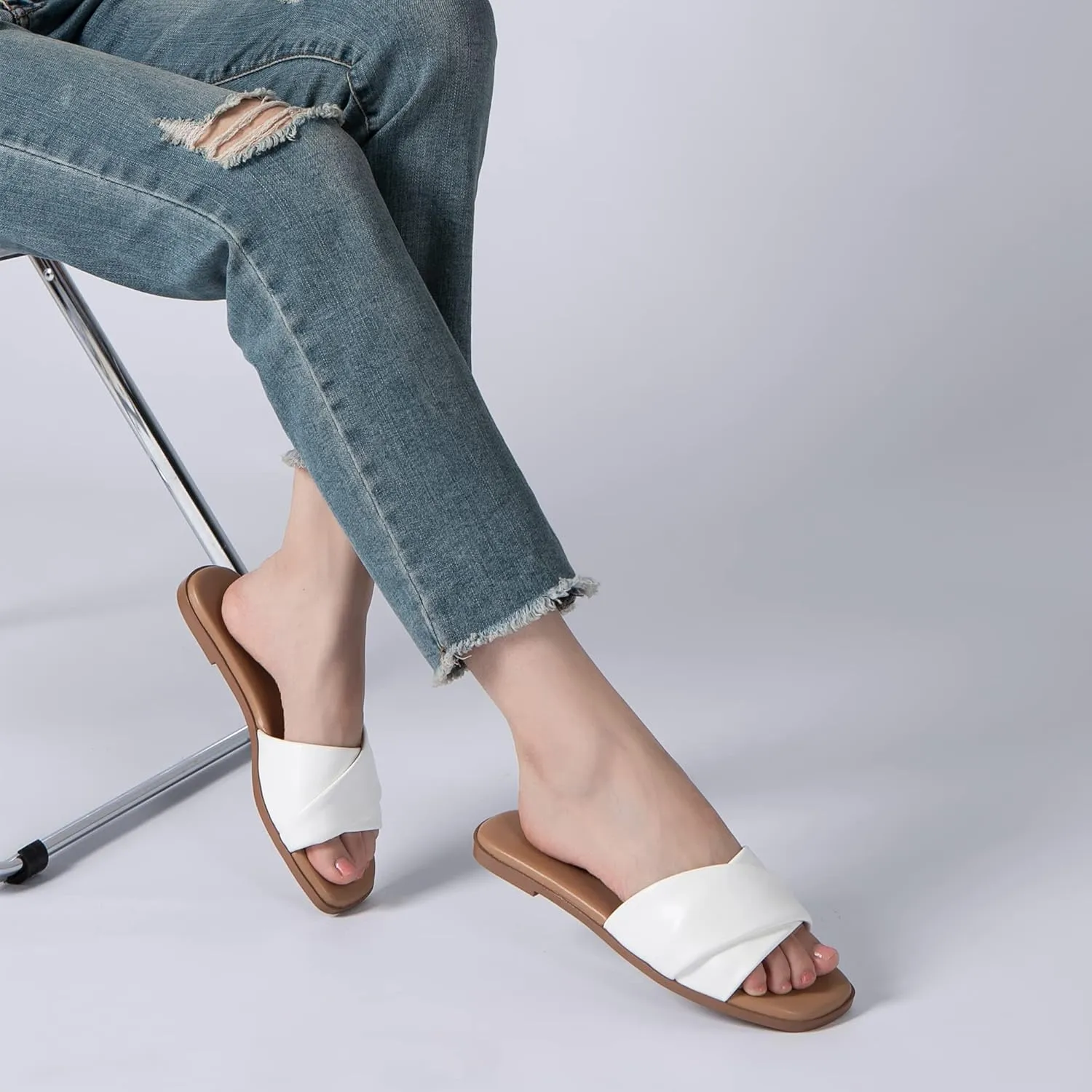 Athlefit Women's Summer Flat Sandals Slip On Square Toe Soft Leather Slide Sandals