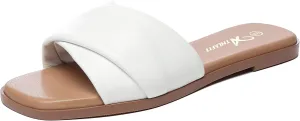 Athlefit Women's Summer Flat Sandals Slip On Square Toe Soft Leather Slide Sandals